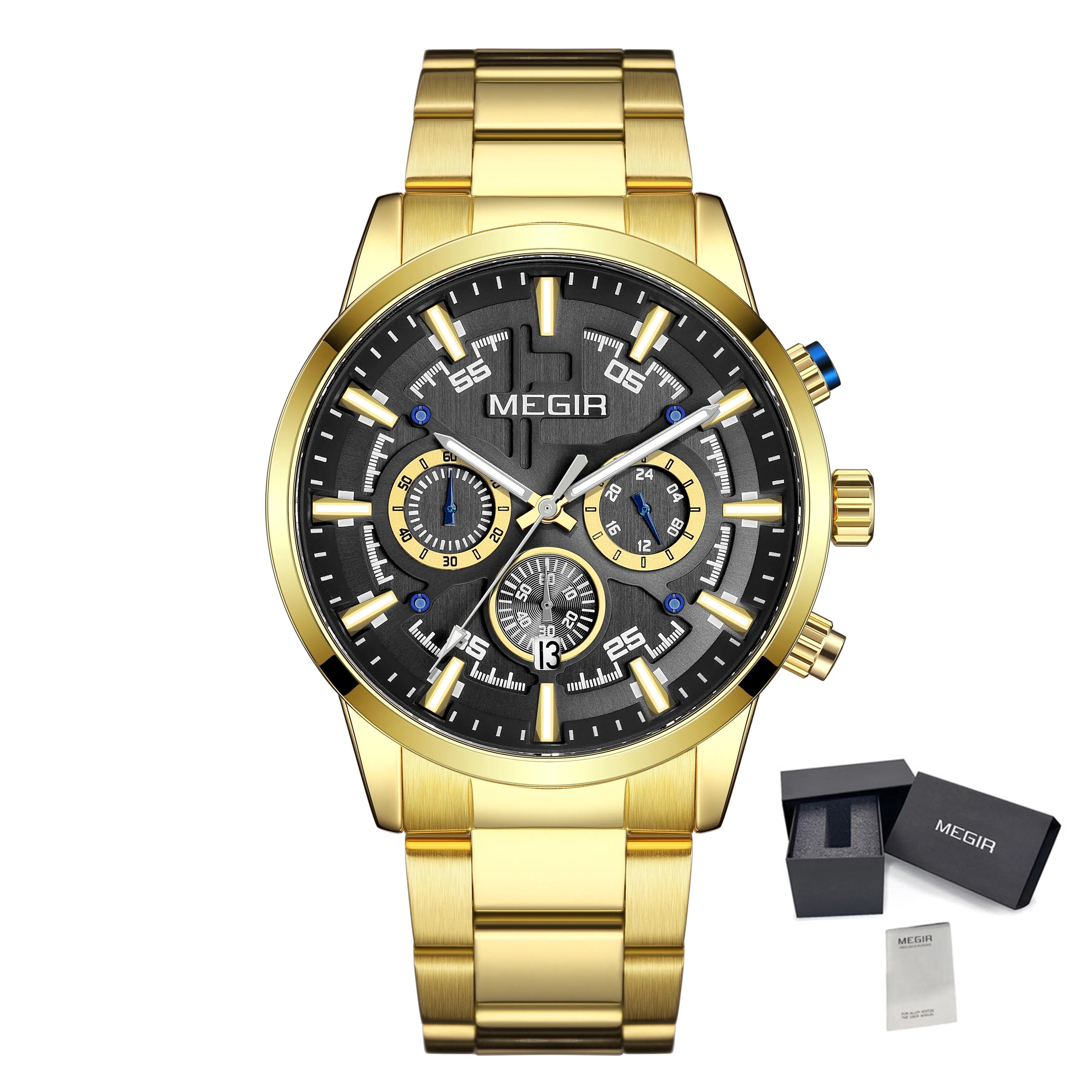 MEGIR Luxury Watch Mens Business Watches Calendar Stainless Steel Quartz Wrist Watch Clock Casual Chronograph Relogio Masculino 2220