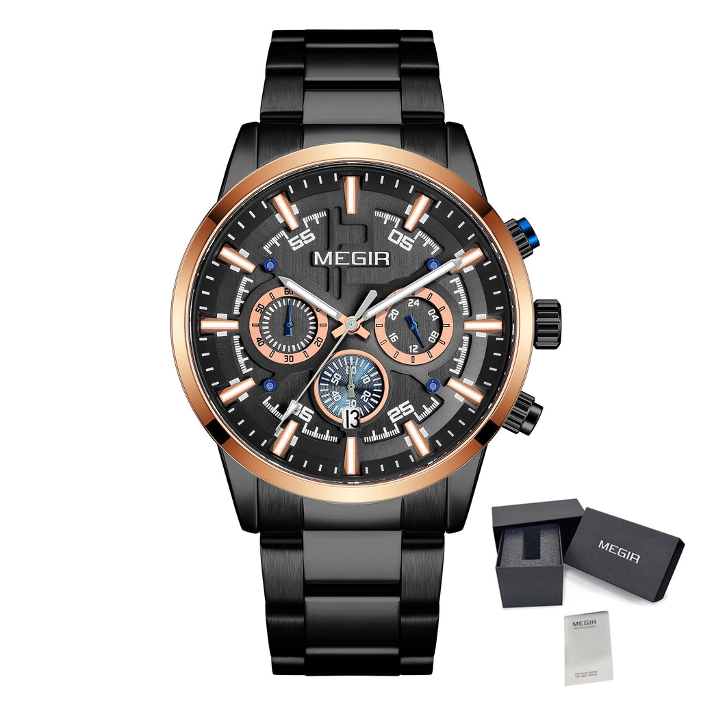 MEGIR Luxury Watch Mens Business Watches Calendar Stainless Steel Quartz Wrist Watch Clock Casual Chronograph Relogio Masculino 2220