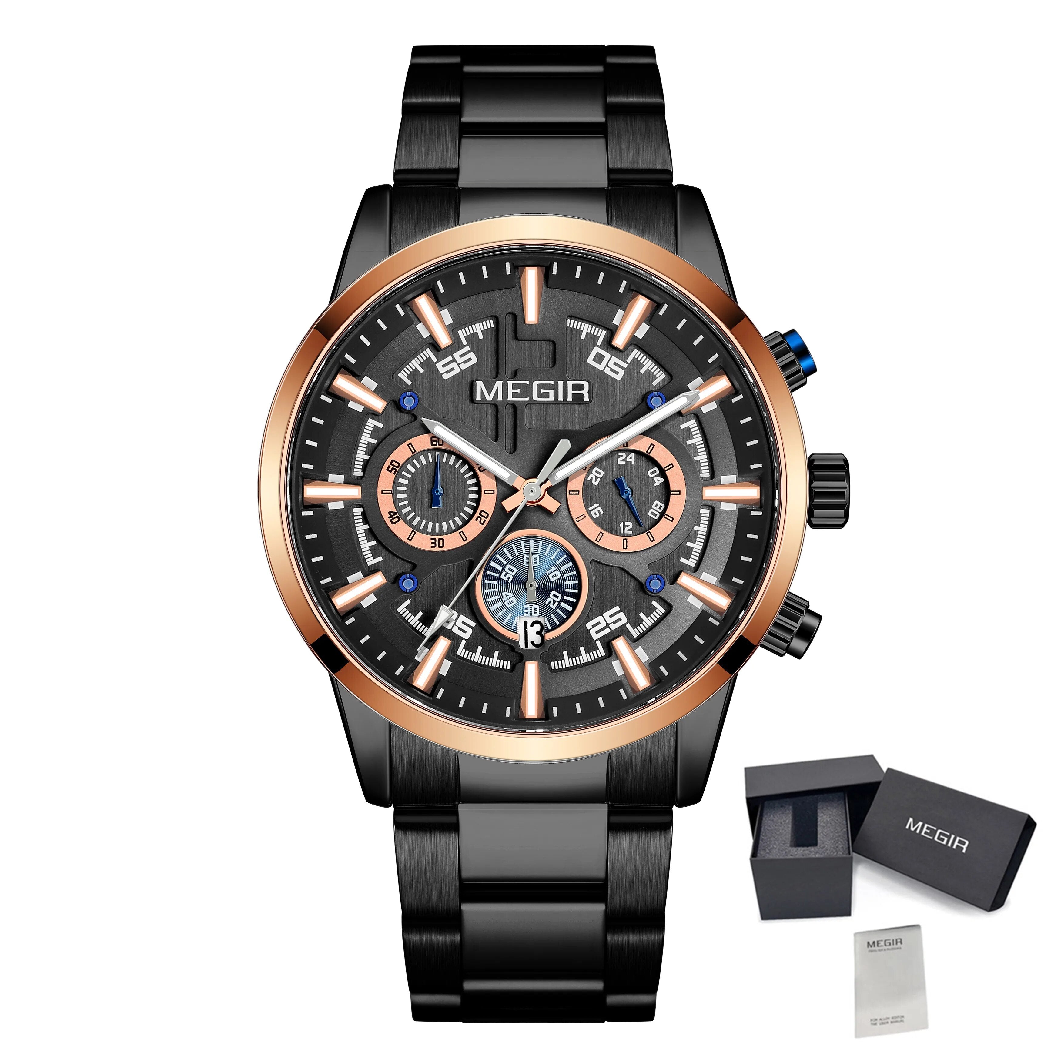 MEGIR Luxury Watch Mens Business Watches Calendar Stainless Steel Quartz Wrist Watch Clock Casual Chronograph Relogio Masculino 2220