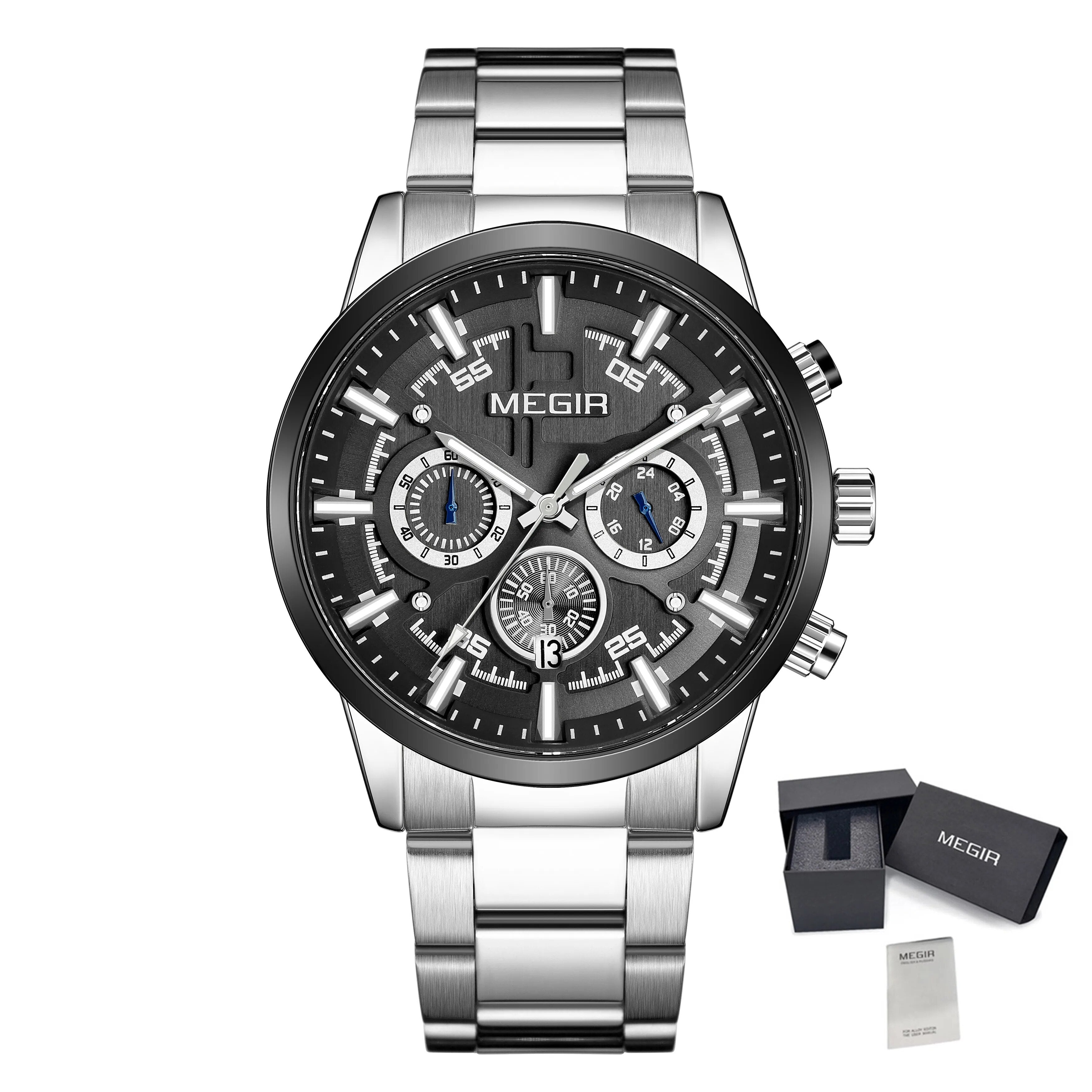 MEGIR Luxury Watch Mens Business Watches Calendar Stainless Steel Quartz Wrist Watch Clock Casual Chronograph Relogio Masculino 2220