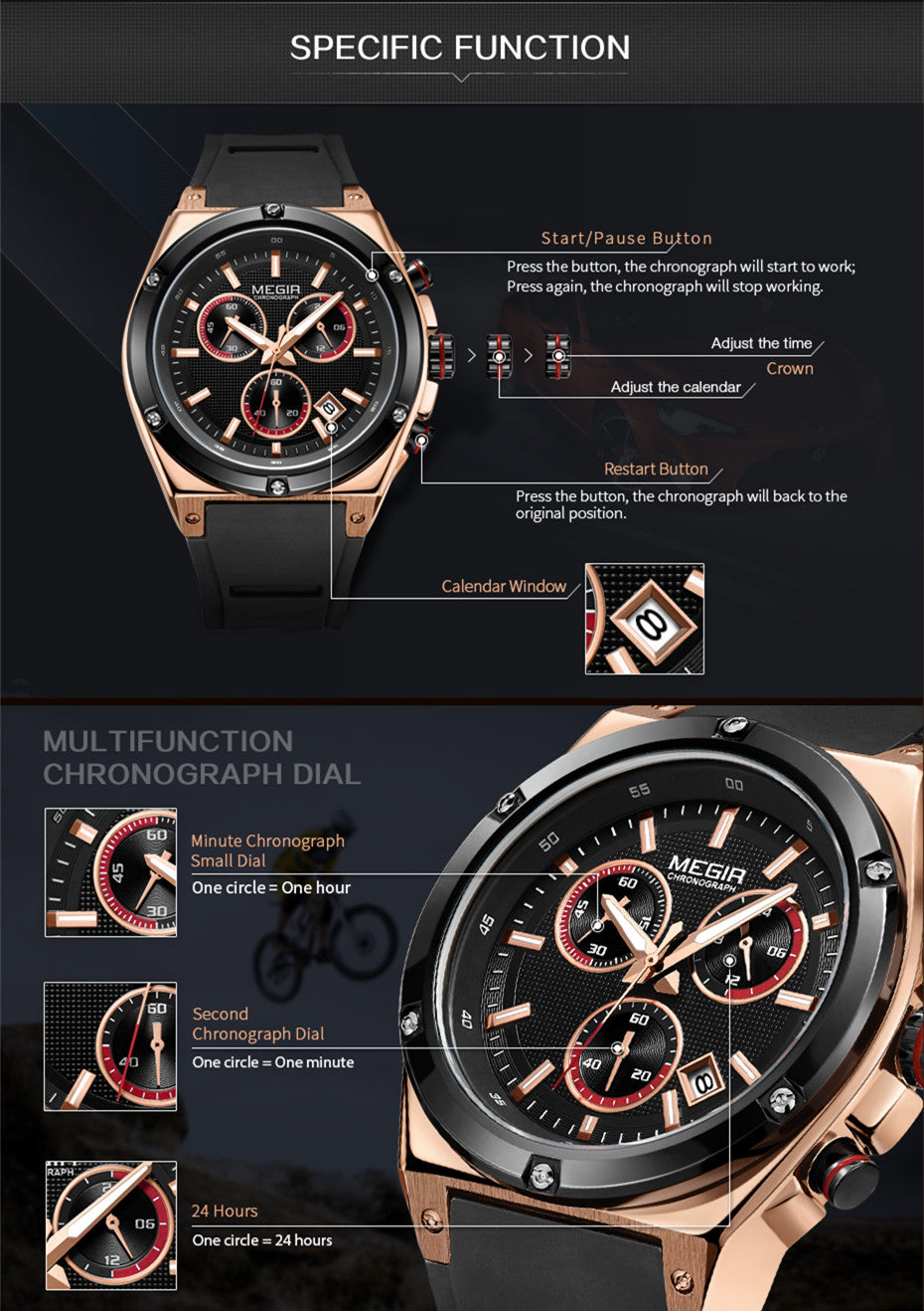 MEGIR Mens Watches Silicone Quartz Wrist Watch Chronograph Fashion Sport Business Wristwatch Luminous Male Clock Montre Homme 2073