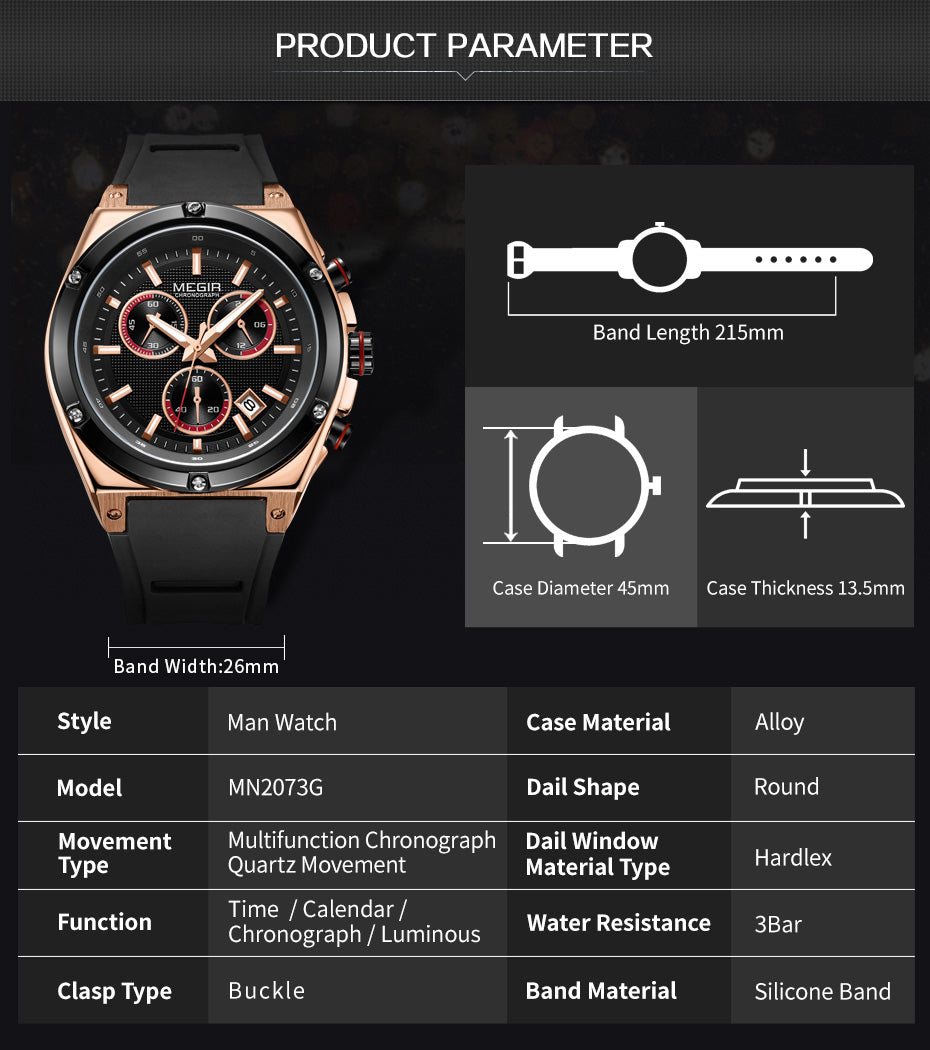MEGIR Mens Watches Silicone Quartz Wrist Watch Chronograph Fashion Sport Business Wristwatch Luminous Male Clock Montre Homme 2073