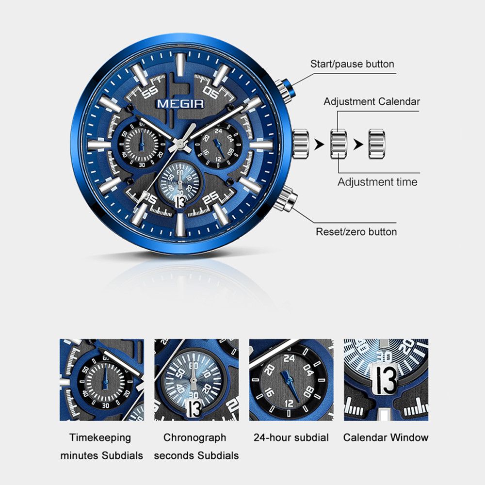 MEGIR Luxury Watch Mens Business Watches Calendar Stainless Steel Quartz Wrist Watch Clock Casual Chronograph Relogio Masculino 2220