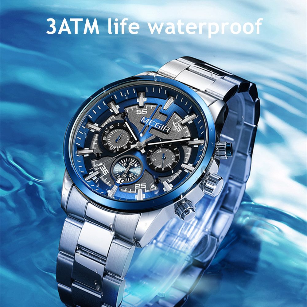 MEGIR Luxury Watch Mens Business Watches Calendar Stainless Steel Quartz Wrist Watch Clock Casual Chronograph Relogio Masculino 2220