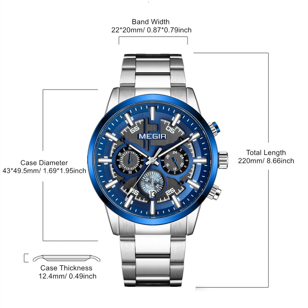 MEGIR Luxury Watch Mens Business Watches Calendar Stainless Steel Quartz Wrist Watch Clock Casual Chronograph Relogio Masculino 2220