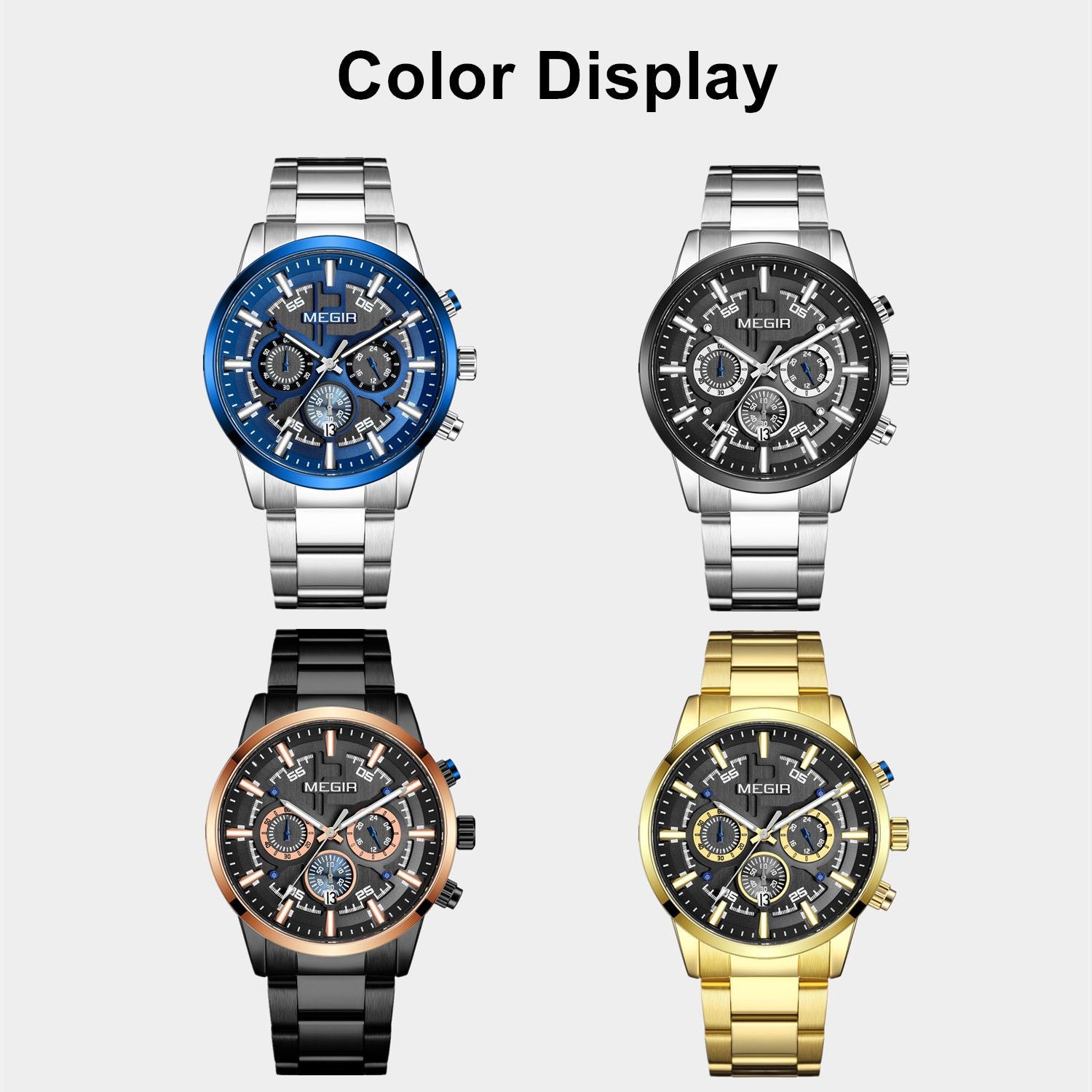 MEGIR Luxury Watch Mens Business Watches Calendar Stainless Steel Quartz Wrist Watch Clock Casual Chronograph Relogio Masculino 2220