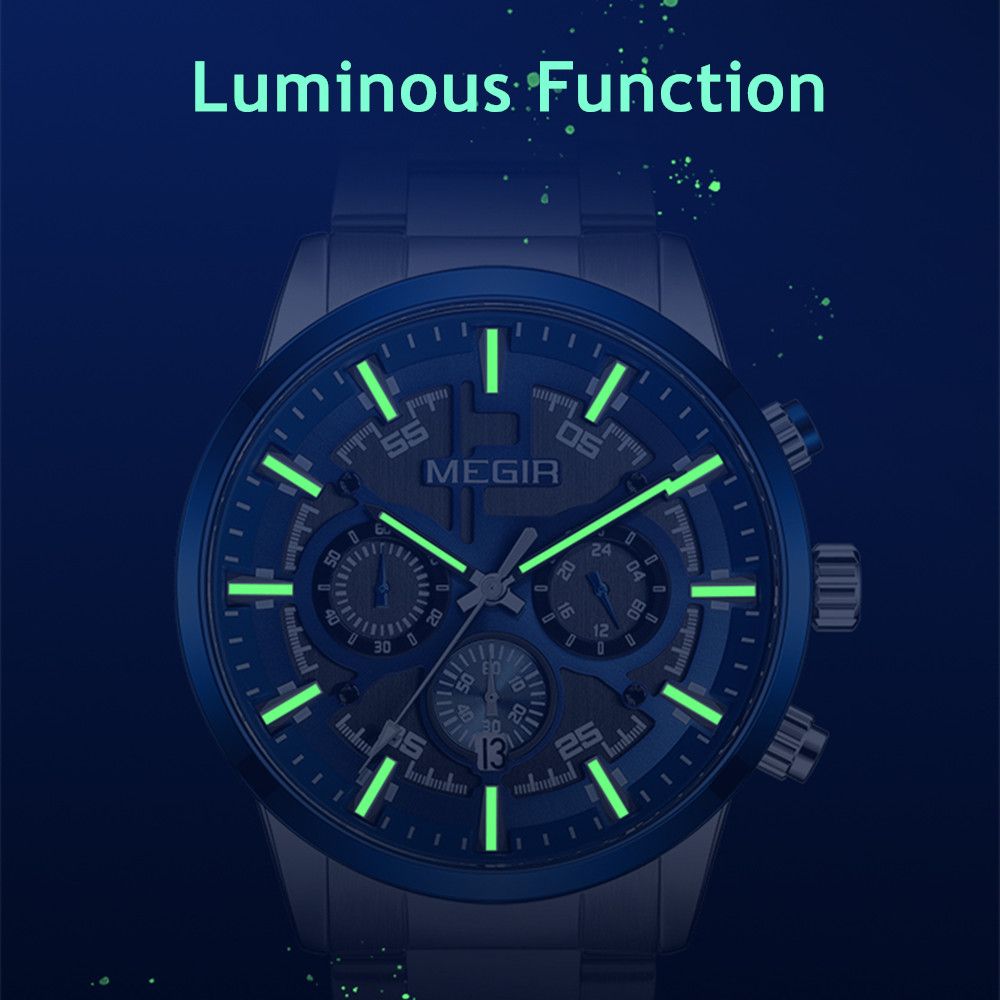 MEGIR Luxury Watch Mens Business Watches Calendar Stainless Steel Quartz Wrist Watch Clock Casual Chronograph Relogio Masculino 2220