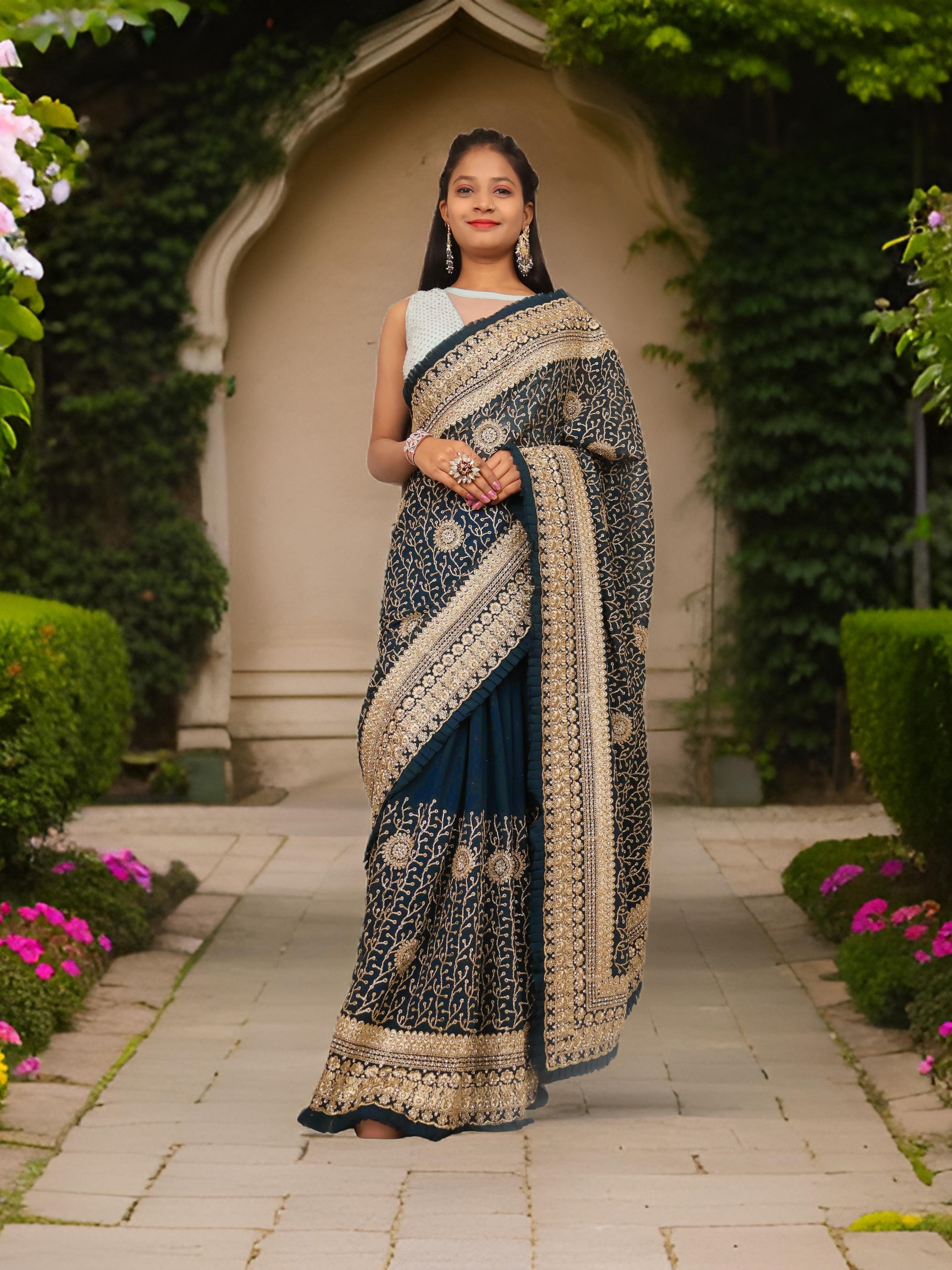 Designer Saree with Stone & Heavy Zari Work Embroidery Work by Shreekama