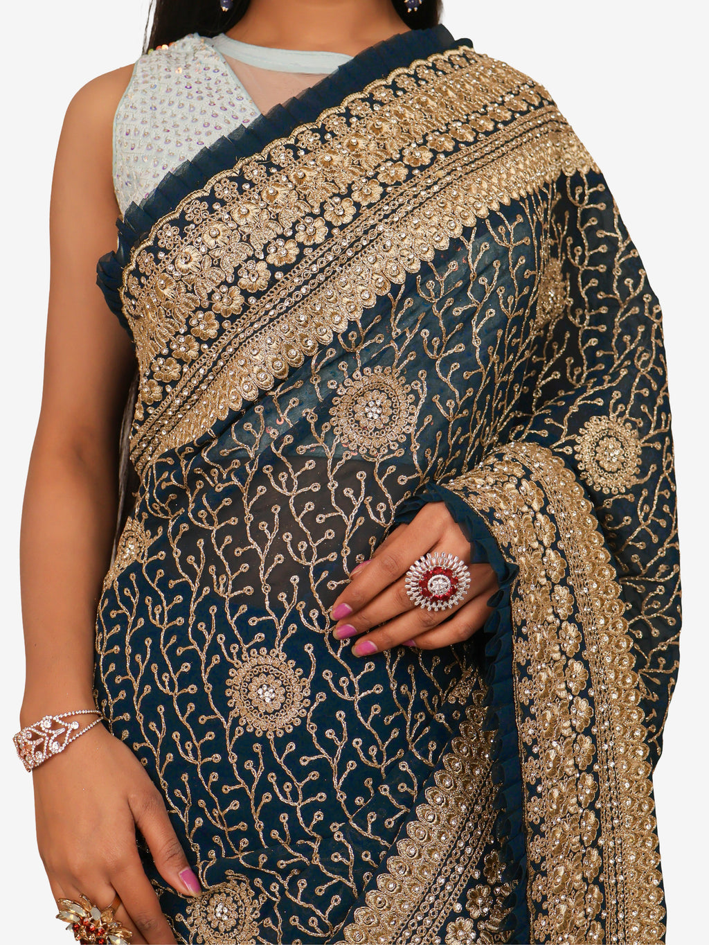Designer Saree with Stone & Heavy Zari Work Embroidery Work by Shreekama